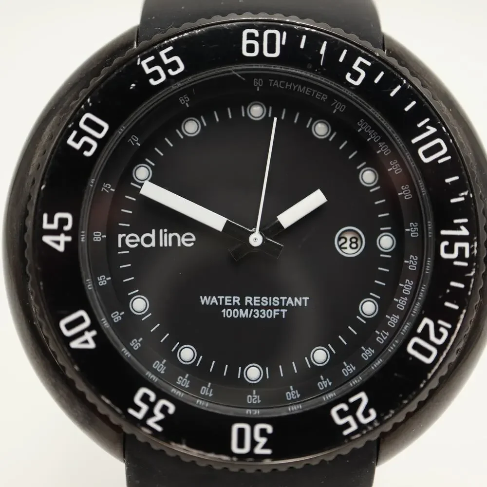 Red Line Compressor Round Dive 50mm Watch 100 Meters Black Silicone New Battery